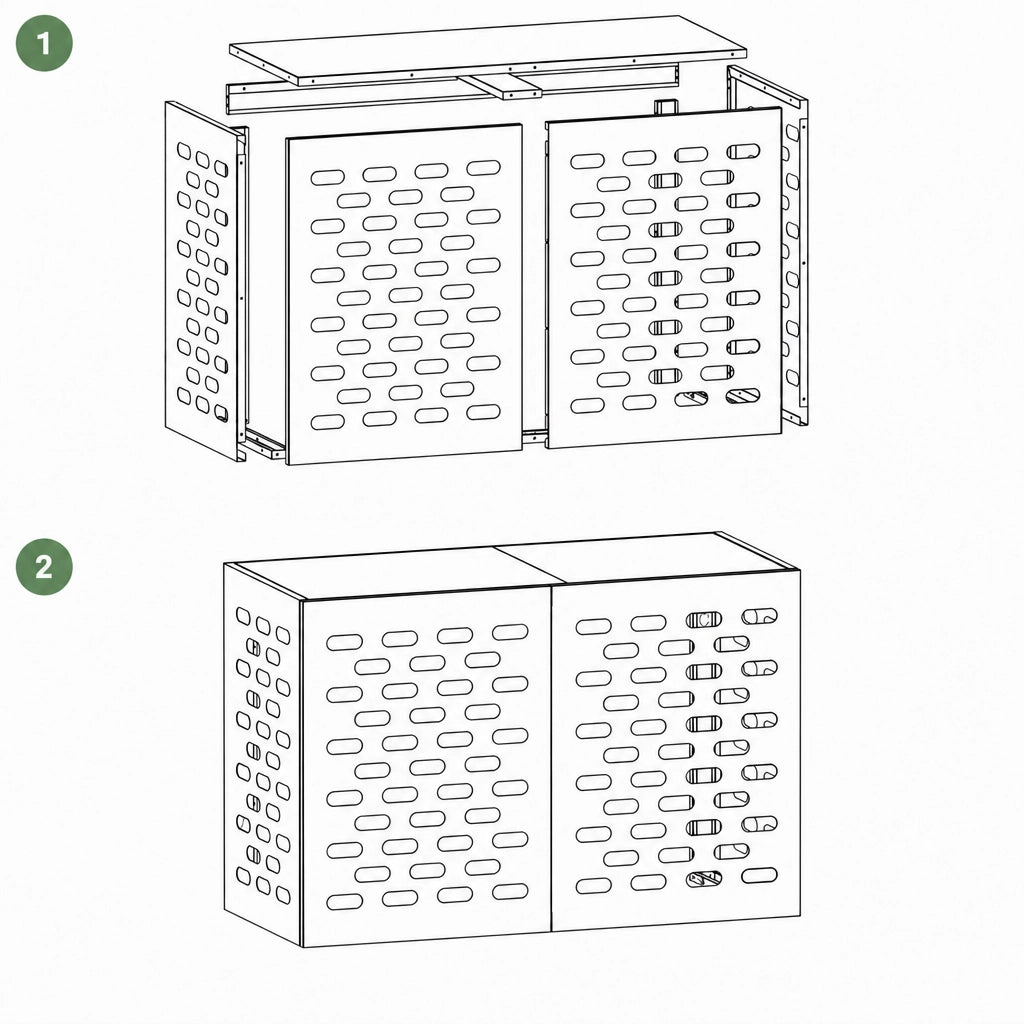 Instructions de montage du cache clim extérieur, étape 1 et 2
