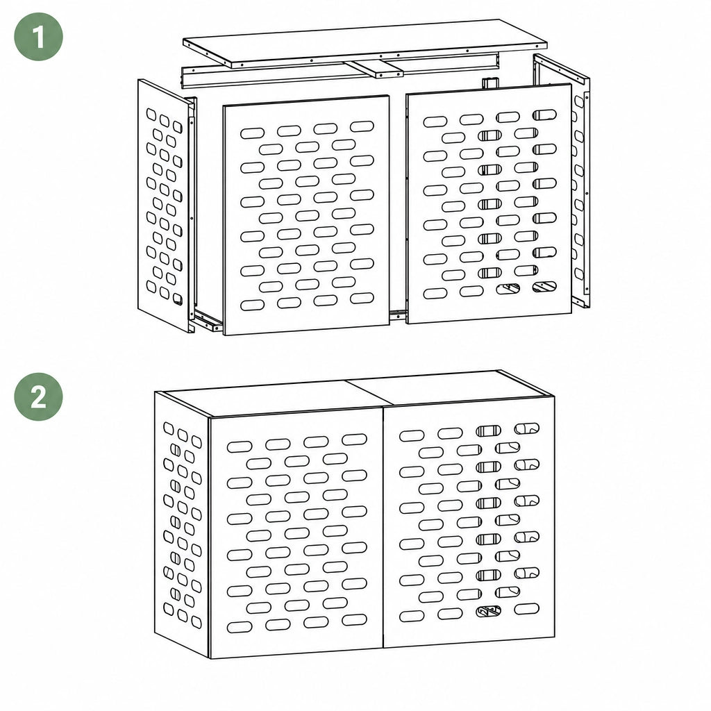 Instructions de montage du cache clim extérieur, étape 1 et 2
