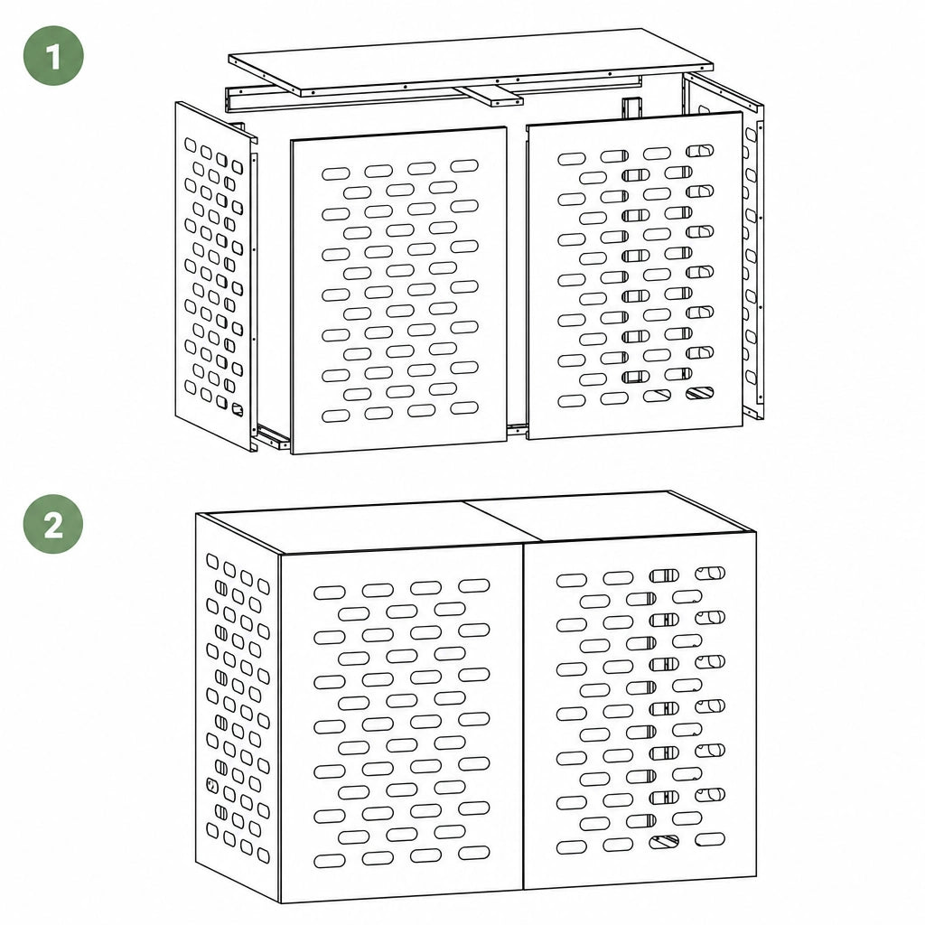 Instructions de montage du cache clim extérieur, étape 1 et 2
