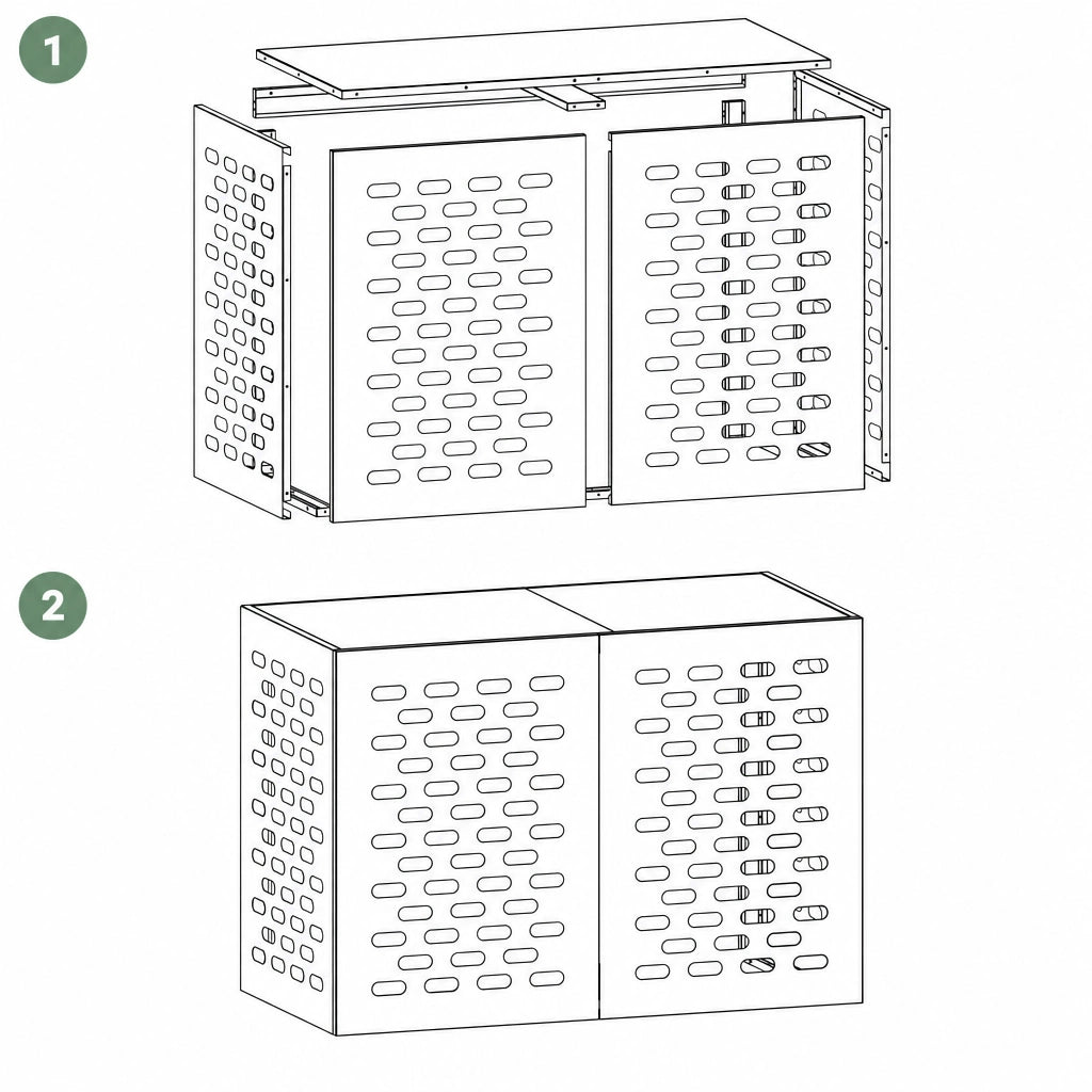 Instructions de montage du cache clim extérieur, étape 1 et 2
