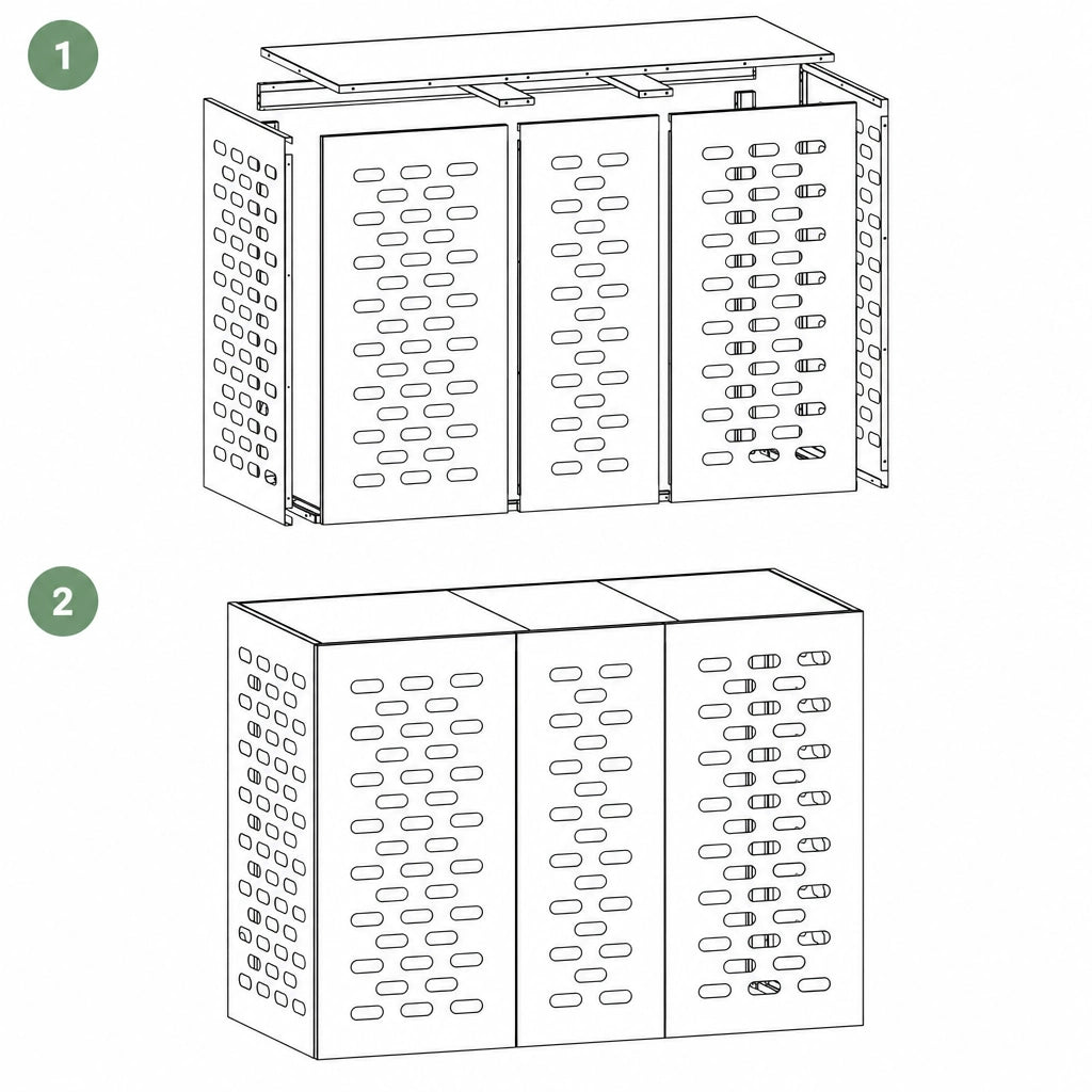 Instructions de montage du cache clim extérieur, étape 1 et 2
