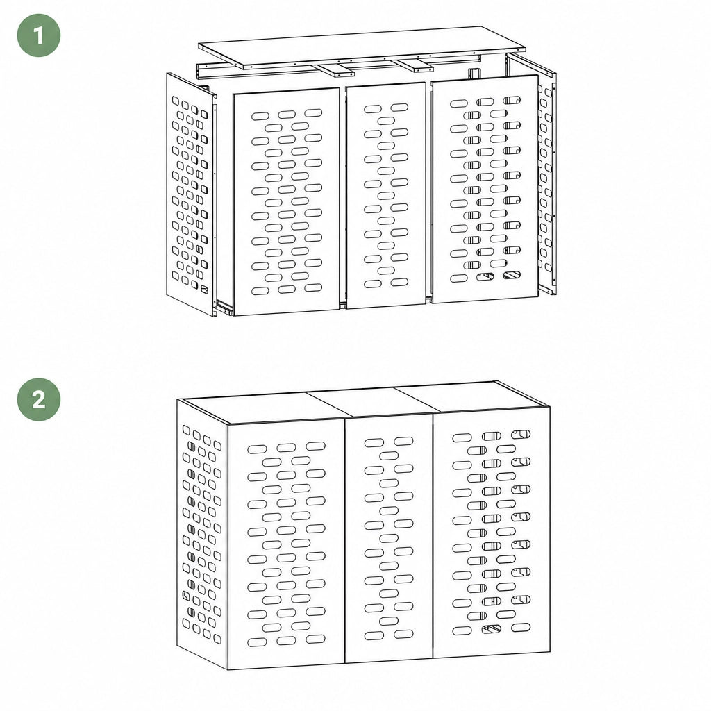 Instructions de montage du cache clim extérieur, étape 1 et 2
