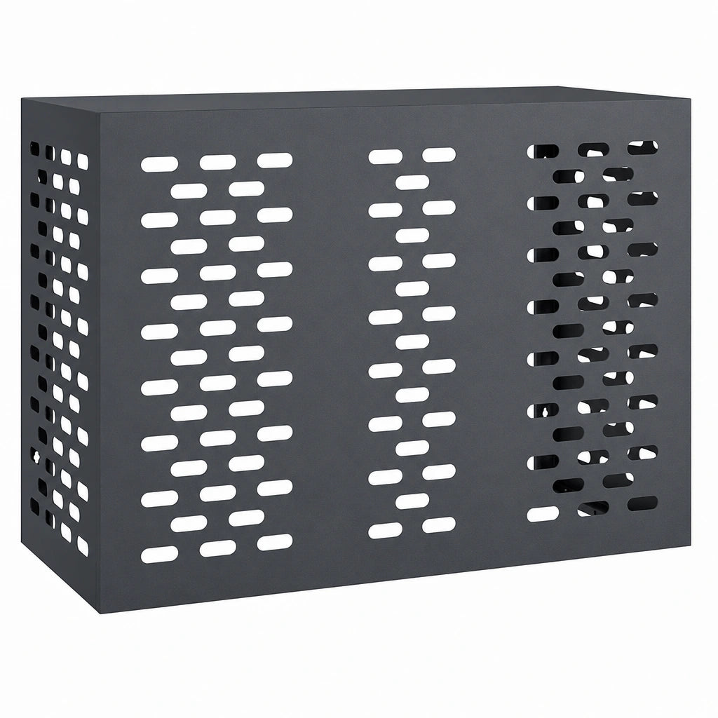 Cache clim extérieur en acier perforé anthracite, modèle L 110x50x80cm, trois panneaux
