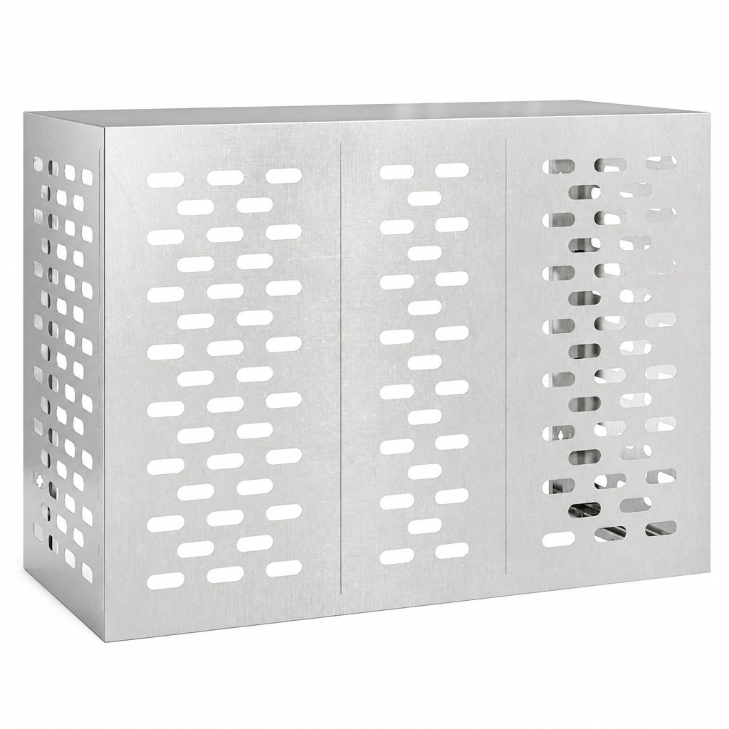 Cache climatiseur inox, vue en angle sur trois panneaux