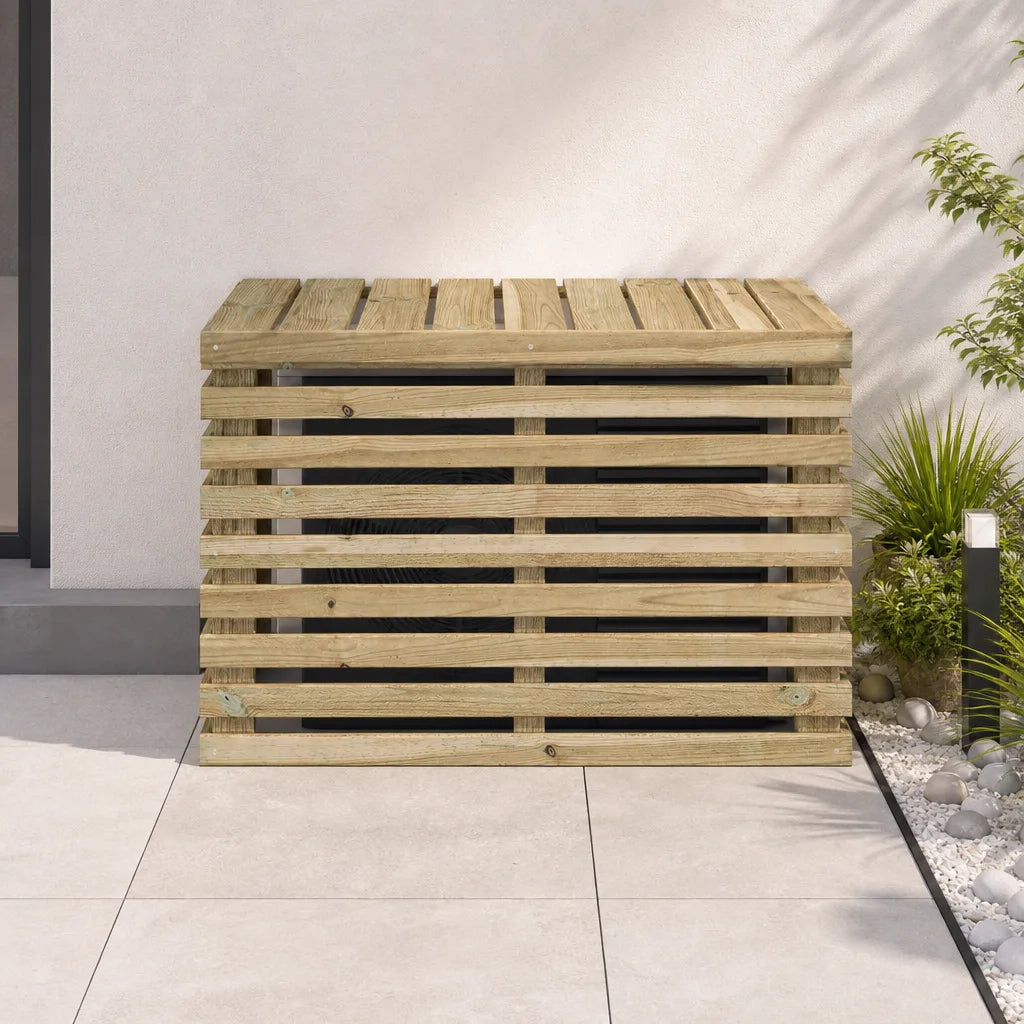 Cache climatiseur en bois posé sur une terrasse en pierre, climatiseur dissimulé
