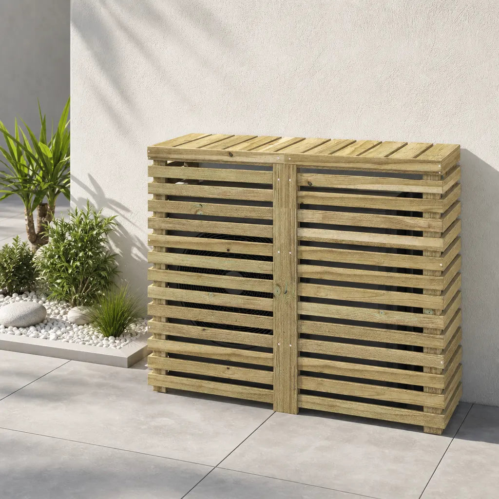 Cache climatiseur en bois posé sur une terrasse, à proximité de plantes
