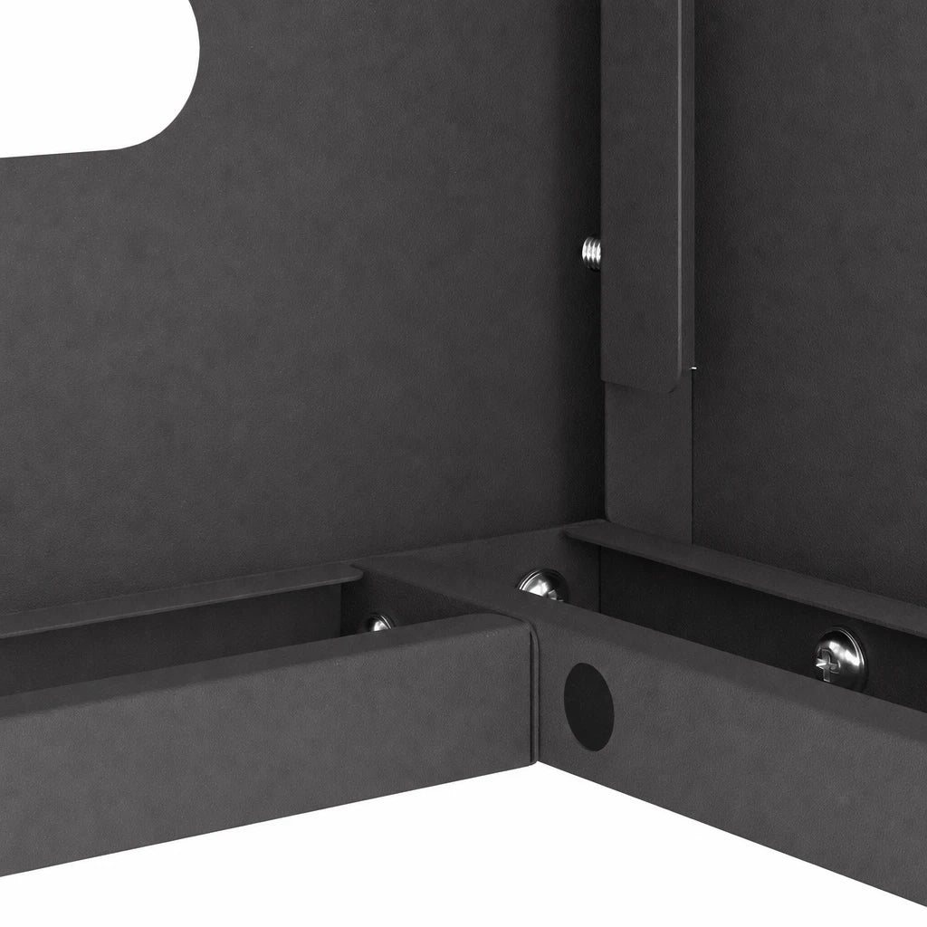 Détail d'assemblage du cache clim extérieur noir, jonction d'angle vissée
