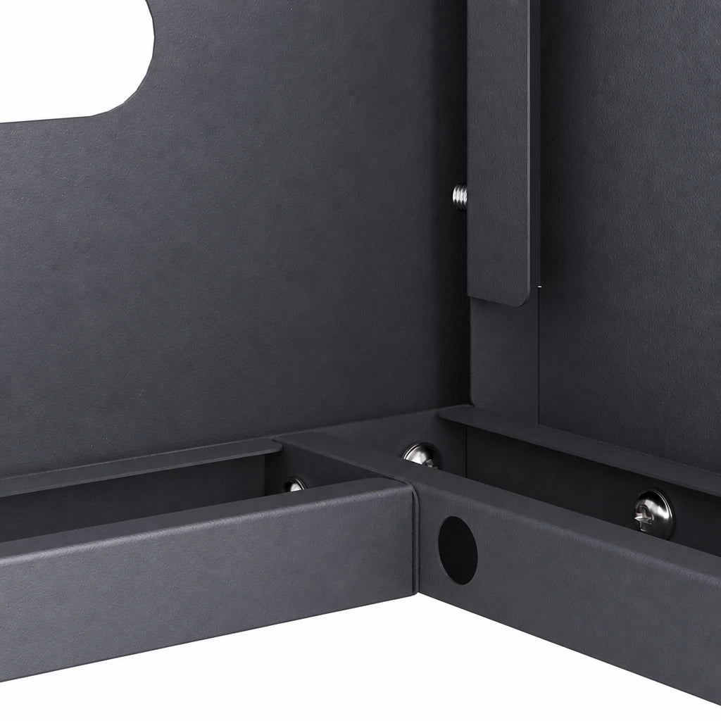 Détail d'assemblage du cache clim extérieur anthracite, jonction d'angle vissée
